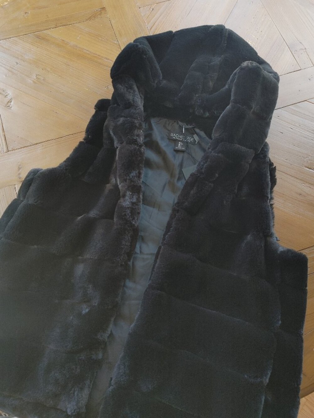 Rachel Zoe Black Vest Pockets Faux Fur Hook Close Sleeveless Size L